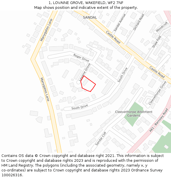 1, LOVAINE GROVE, WAKEFIELD, WF2 7NF: Location map and indicative extent of plot