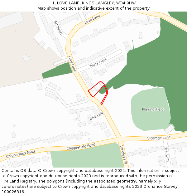 1, LOVE LANE, KINGS LANGLEY, WD4 9HW: Location map and indicative extent of plot