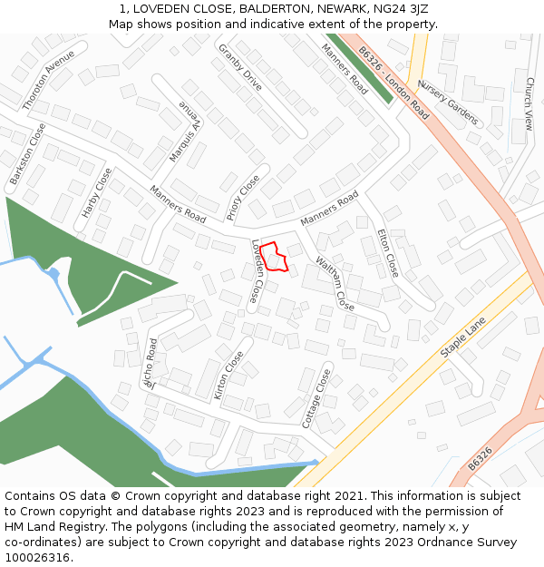 1, LOVEDEN CLOSE, BALDERTON, NEWARK, NG24 3JZ: Location map and indicative extent of plot