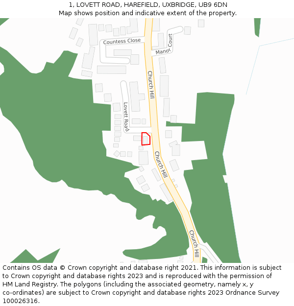 1, LOVETT ROAD, HAREFIELD, UXBRIDGE, UB9 6DN: Location map and indicative extent of plot