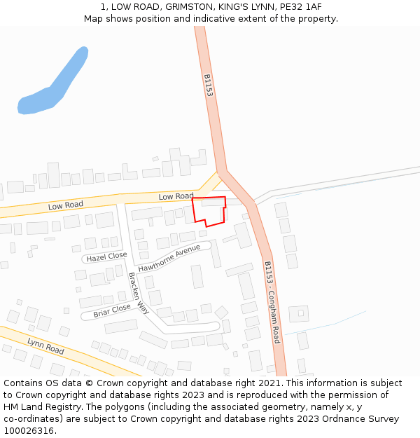 1, LOW ROAD, GRIMSTON, KING'S LYNN, PE32 1AF: Location map and indicative extent of plot