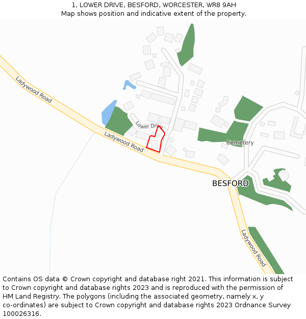 1, LOWER DRIVE, BESFORD, WORCESTER, WR8 9AH: Location map and indicative extent of plot