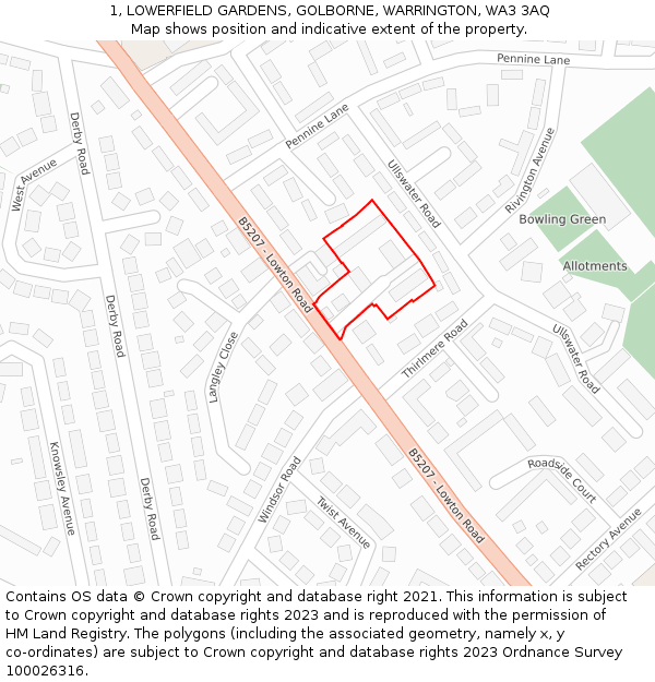 1, LOWERFIELD GARDENS, GOLBORNE, WARRINGTON, WA3 3AQ: Location map and indicative extent of plot