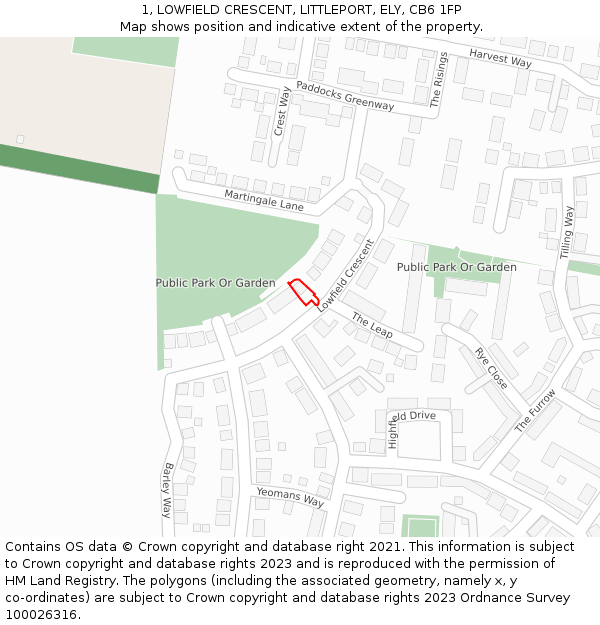 1, LOWFIELD CRESCENT, LITTLEPORT, ELY, CB6 1FP: Location map and indicative extent of plot