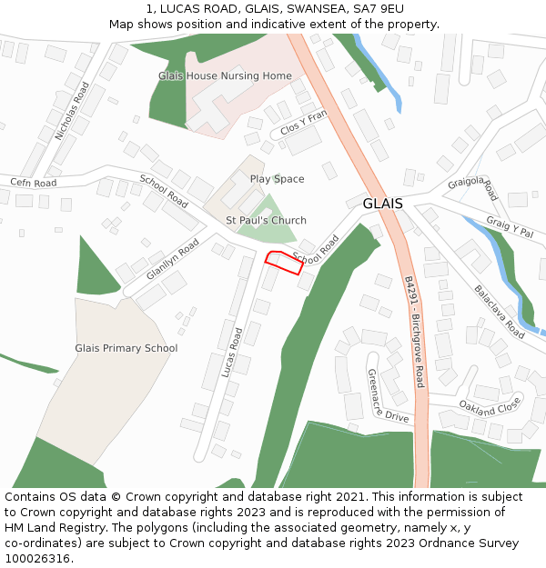 1, LUCAS ROAD, GLAIS, SWANSEA, SA7 9EU: Location map and indicative extent of plot