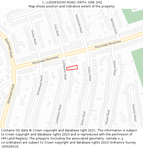 1, LUDDESDON ROAD, ERITH, DA8 1NQ: Location map and indicative extent of plot