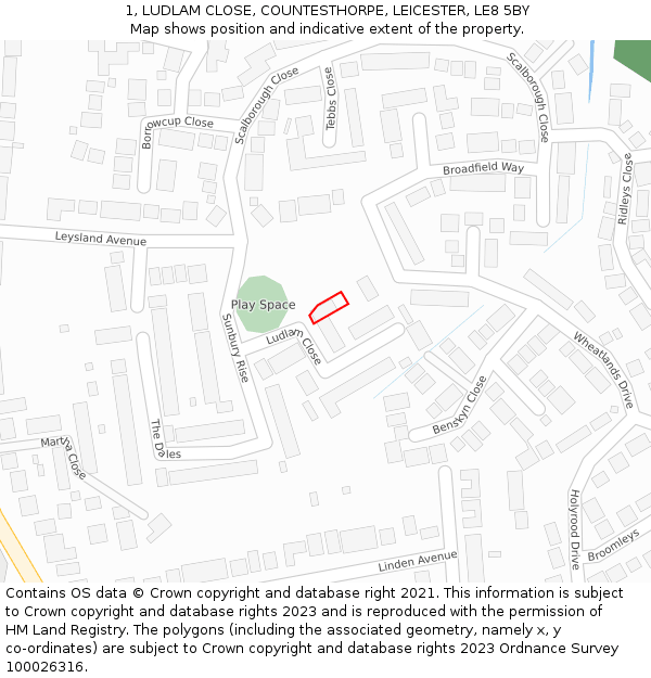 1, LUDLAM CLOSE, COUNTESTHORPE, LEICESTER, LE8 5BY: Location map and indicative extent of plot
