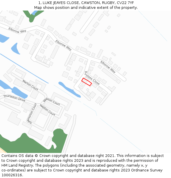 1, LUKE JEAYES CLOSE, CAWSTON, RUGBY, CV22 7YF: Location map and indicative extent of plot