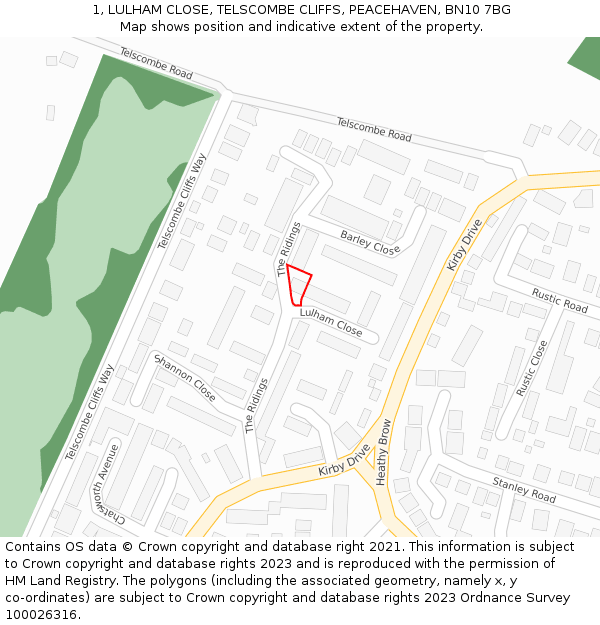 1, LULHAM CLOSE, TELSCOMBE CLIFFS, PEACEHAVEN, BN10 7BG: Location map and indicative extent of plot