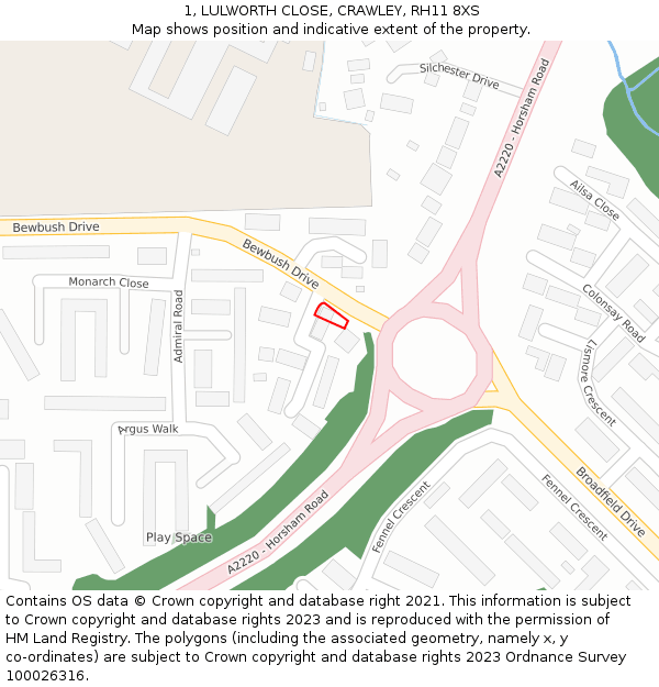 1, LULWORTH CLOSE, CRAWLEY, RH11 8XS: Location map and indicative extent of plot