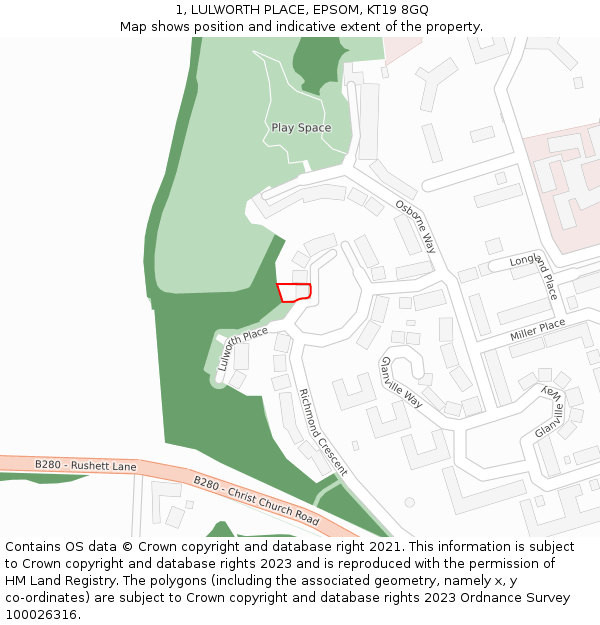 1, LULWORTH PLACE, EPSOM, KT19 8GQ: Location map and indicative extent of plot