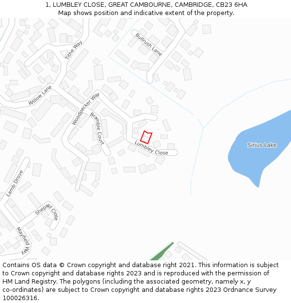 1, LUMBLEY CLOSE, GREAT CAMBOURNE, CAMBRIDGE, CB23 6HA: Location map and indicative extent of plot