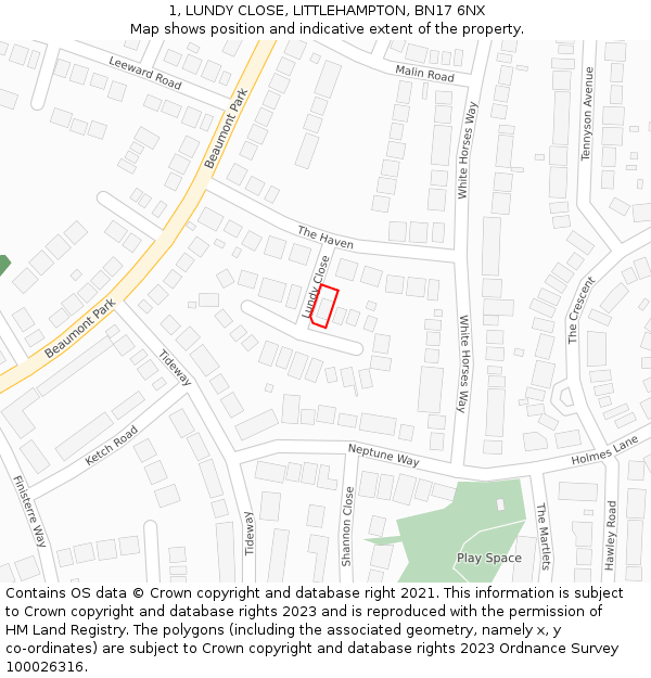 1, LUNDY CLOSE, LITTLEHAMPTON, BN17 6NX: Location map and indicative extent of plot