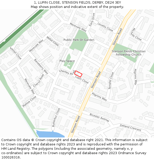 1, LUPIN CLOSE, STENSON FIELDS, DERBY, DE24 3EY: Location map and indicative extent of plot