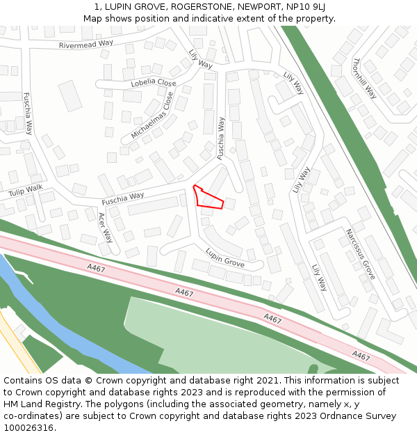 1, LUPIN GROVE, ROGERSTONE, NEWPORT, NP10 9LJ: Location map and indicative extent of plot