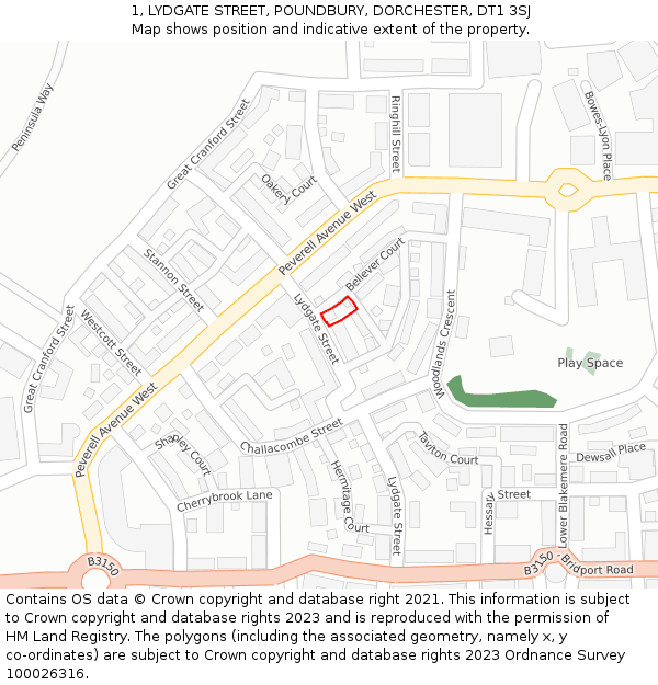 1, LYDGATE STREET, POUNDBURY, DORCHESTER, DT1 3SJ: Location map and indicative extent of plot