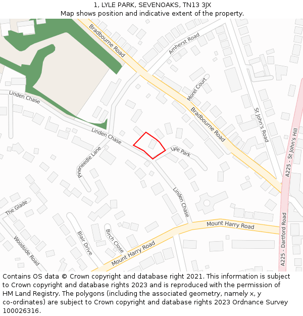 1, LYLE PARK, SEVENOAKS, TN13 3JX: Location map and indicative extent of plot