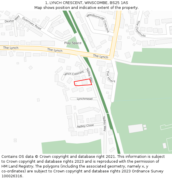 1, LYNCH CRESCENT, WINSCOMBE, BS25 1AS: Location map and indicative extent of plot