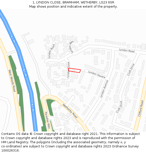 1, LYNDON CLOSE, BRAMHAM, WETHERBY, LS23 6SR: Location map and indicative extent of plot