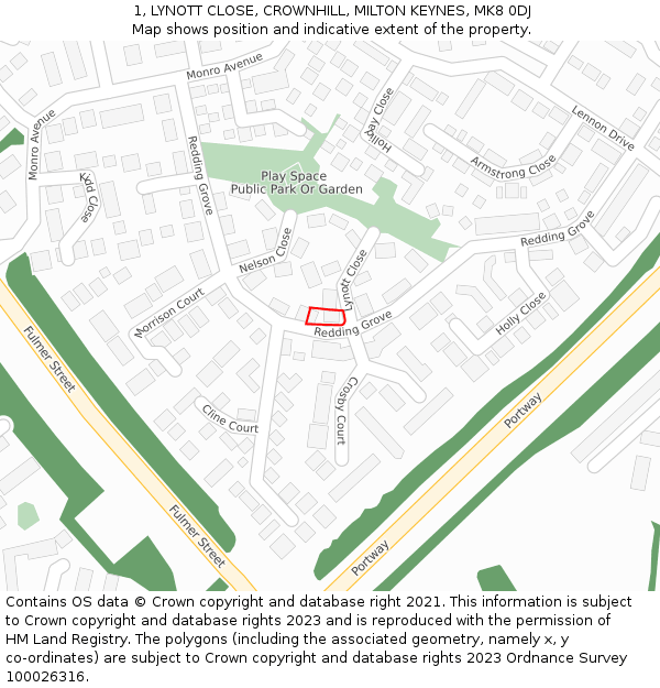 1, LYNOTT CLOSE, CROWNHILL, MILTON KEYNES, MK8 0DJ: Location map and indicative extent of plot