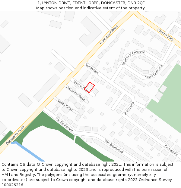 1, LYNTON DRIVE, EDENTHORPE, DONCASTER, DN3 2QF: Location map and indicative extent of plot