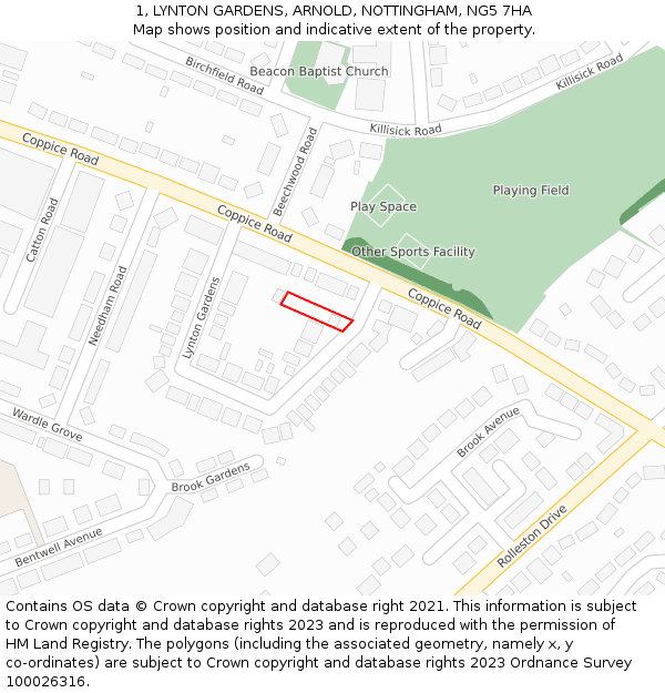 1, LYNTON GARDENS, ARNOLD, NOTTINGHAM, NG5 7HA: Location map and indicative extent of plot