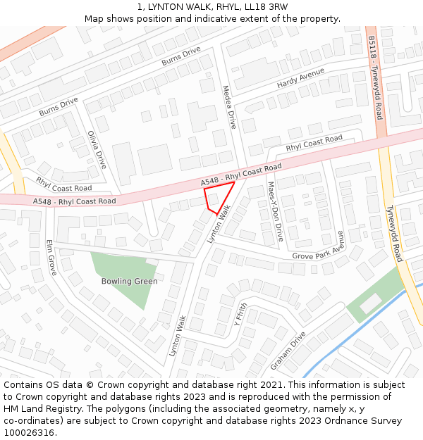 1, LYNTON WALK, RHYL, LL18 3RW: Location map and indicative extent of plot