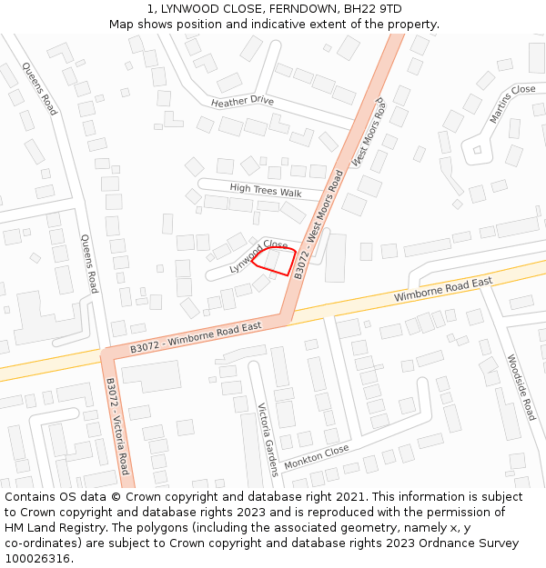 1, LYNWOOD CLOSE, FERNDOWN, BH22 9TD: Location map and indicative extent of plot