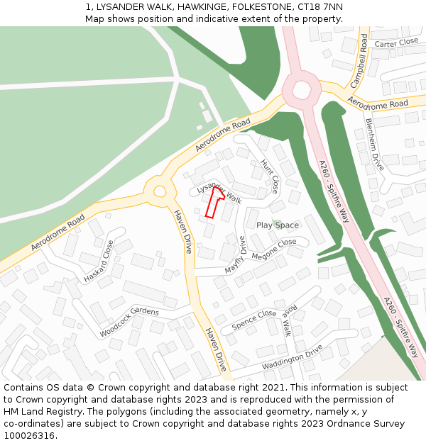 1, LYSANDER WALK, HAWKINGE, FOLKESTONE, CT18 7NN: Location map and indicative extent of plot