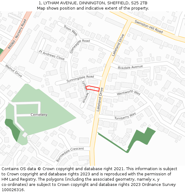 1, LYTHAM AVENUE, DINNINGTON, SHEFFIELD, S25 2TB: Location map and indicative extent of plot