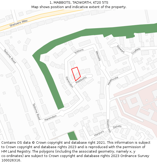 1, MABBOTS, TADWORTH, KT20 5TS: Location map and indicative extent of plot