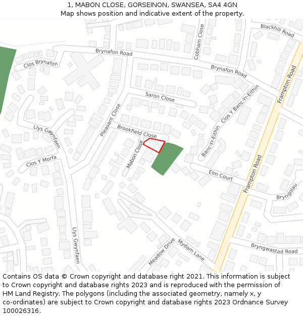 1, MABON CLOSE, GORSEINON, SWANSEA, SA4 4GN: Location map and indicative extent of plot