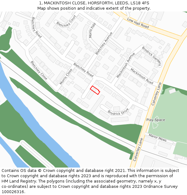 1, MACKINTOSH CLOSE, HORSFORTH, LEEDS, LS18 4FS: Location map and indicative extent of plot