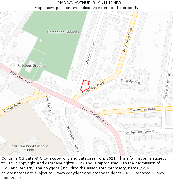 1, MADRYN AVENUE, RHYL, LL18 4RR: Location map and indicative extent of plot