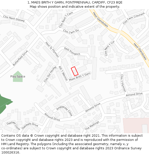 1, MAES BRITH Y GARN, PONTPRENNAU, CARDIFF, CF23 8QE: Location map and indicative extent of plot