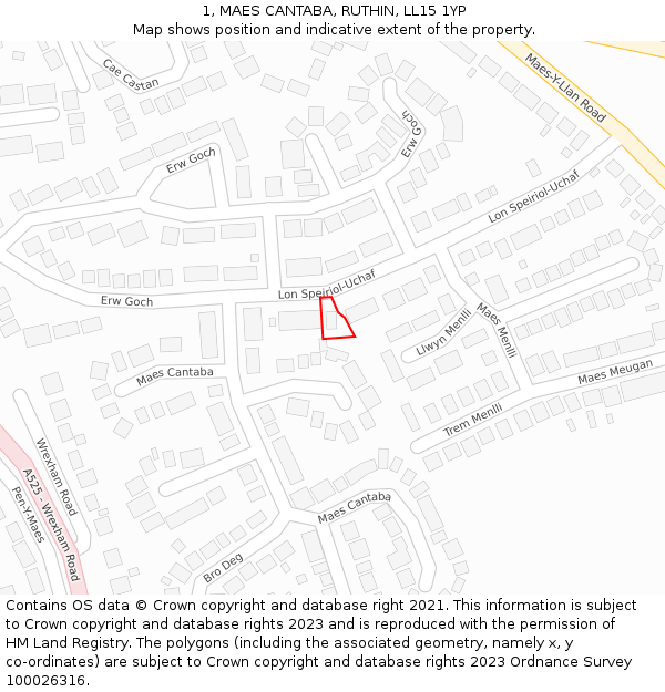 1, MAES CANTABA, RUTHIN, LL15 1YP: Location map and indicative extent of plot