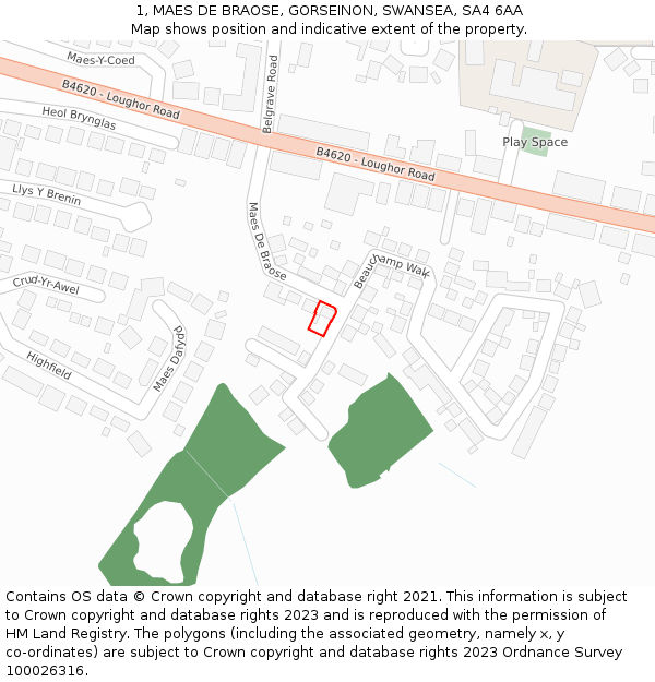 1, MAES DE BRAOSE, GORSEINON, SWANSEA, SA4 6AA: Location map and indicative extent of plot