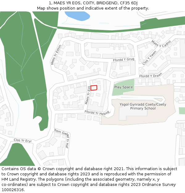1, MAES YR EOS, COITY, BRIDGEND, CF35 6DJ: Location map and indicative extent of plot