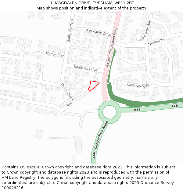 1, MAGDALEN DRIVE, EVESHAM, WR11 2BE: Location map and indicative extent of plot