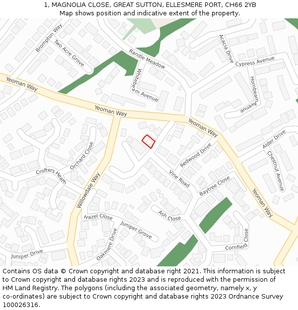 1, MAGNOLIA CLOSE, GREAT SUTTON, ELLESMERE PORT, CH66 2YB: Location map and indicative extent of plot