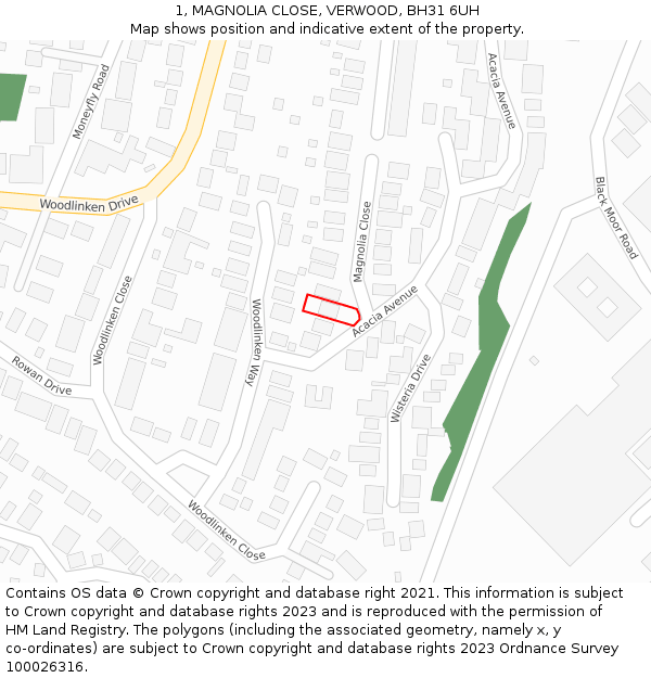 1, MAGNOLIA CLOSE, VERWOOD, BH31 6UH: Location map and indicative extent of plot