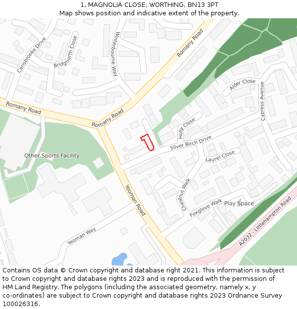 1, MAGNOLIA CLOSE, WORTHING, BN13 3PT: Location map and indicative extent of plot