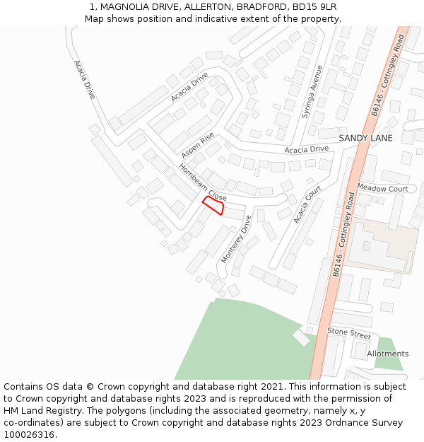 1, MAGNOLIA DRIVE, ALLERTON, BRADFORD, BD15 9LR: Location map and indicative extent of plot