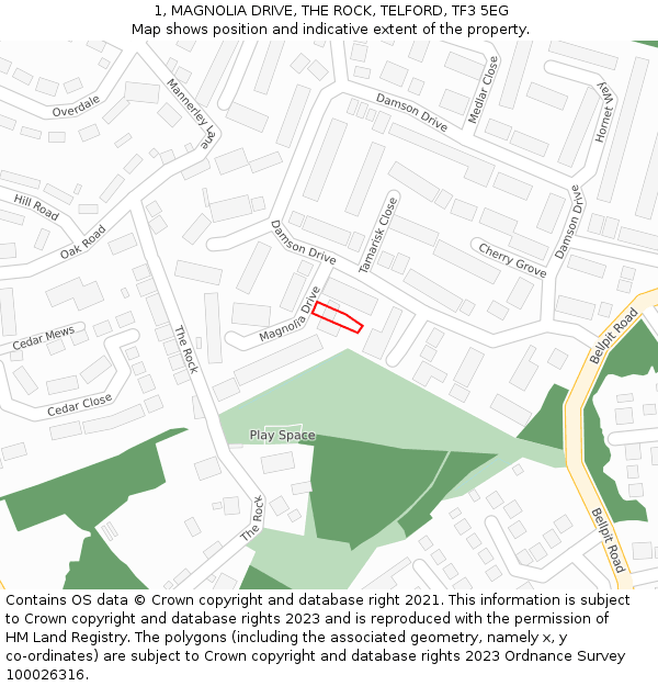 1, MAGNOLIA DRIVE, THE ROCK, TELFORD, TF3 5EG: Location map and indicative extent of plot