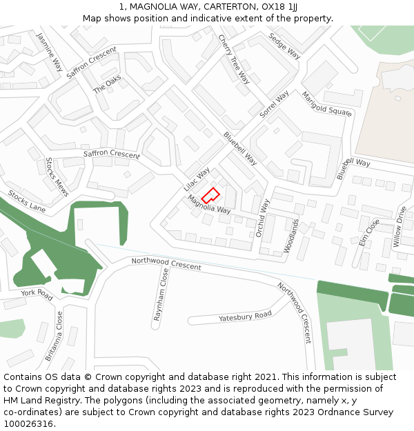 1, MAGNOLIA WAY, CARTERTON, OX18 1JJ: Location map and indicative extent of plot