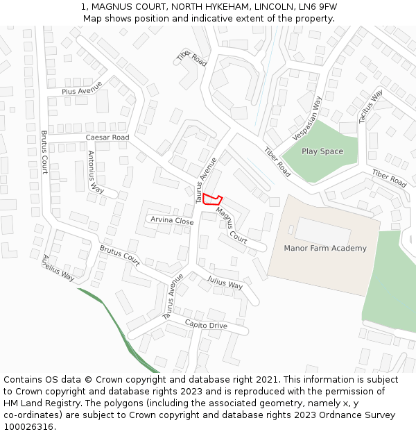 1, MAGNUS COURT, NORTH HYKEHAM, LINCOLN, LN6 9FW: Location map and indicative extent of plot