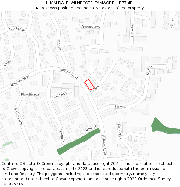 1, MALDALE, WILNECOTE, TAMWORTH, B77 4PH: Location map and indicative extent of plot