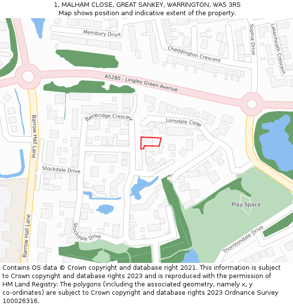 1, MALHAM CLOSE, GREAT SANKEY, WARRINGTON, WA5 3RS: Location map and indicative extent of plot