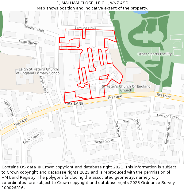 1, MALHAM CLOSE, LEIGH, WN7 4SD: Location map and indicative extent of plot