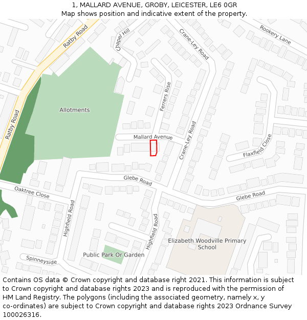 1, MALLARD AVENUE, GROBY, LEICESTER, LE6 0GR: Location map and indicative extent of plot